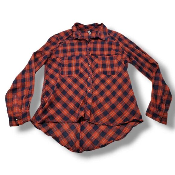 Free People Top Size Small SM Long Sleeve Button Down Shirt Plaid Open Shoulders - Picture 1 of 6